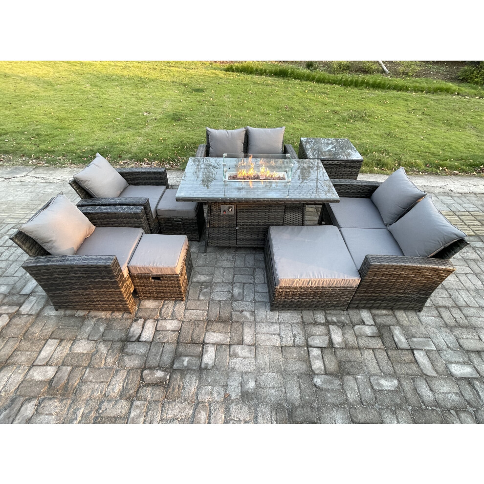 Fimous Dark/Grey Outdoor Garden Furniture Sets 9 Pieces Wicker Rattan Furniture Gas Fire Pit Dining Table Sofa Set With 3 Footstools Side Table Mixed - Image 2