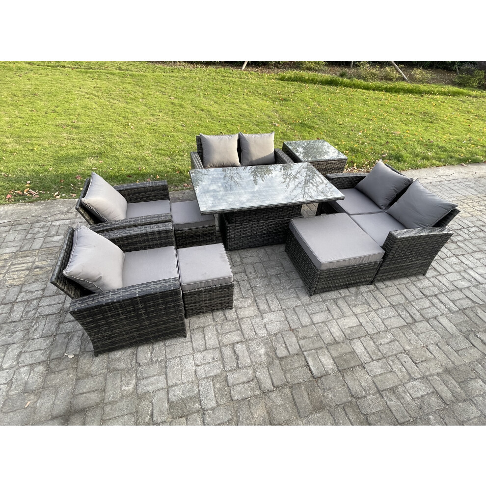 Fimous Dark/Grey Outdoor Garden Furniture Sets 9 Pieces Wicker Rattan Furniture Sofa Dining Table Set With 3 Footstools Side Table Mixed - Image 2