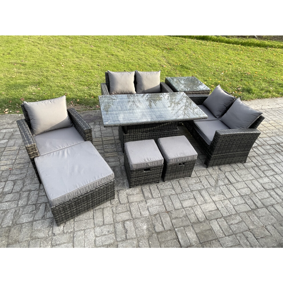 B&Q - Outdoor Rattan Patio Furniture Set Garden Lounge Sofa Set With Rising Lifting Table Side Table 3 Footstools Dark Grey Mixed - Image 2