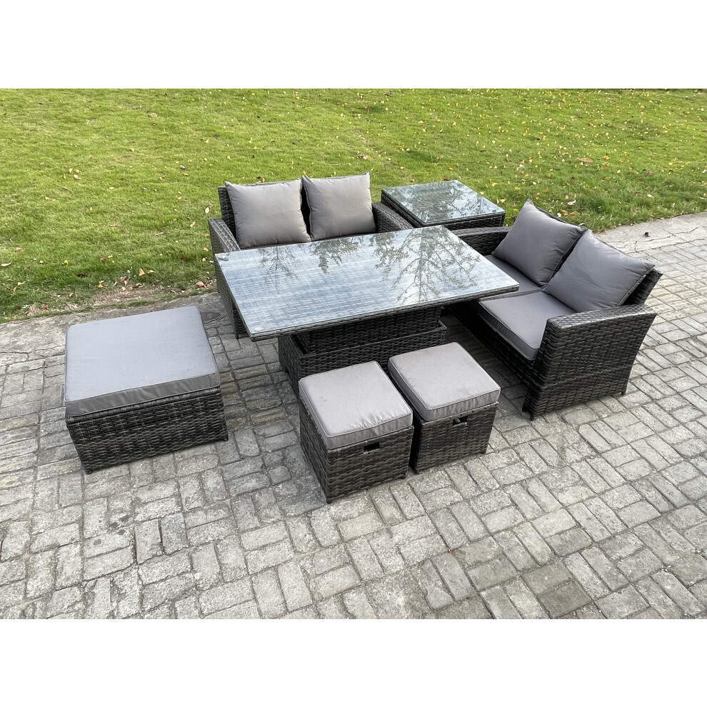 Fimous Unisex Dark Grey Seater Wicker Rattan Garden Furniture Rising Table Set With Side Table 3 Footstool Double Seat Sofa Side Table Mixed Size 7 - Image 2