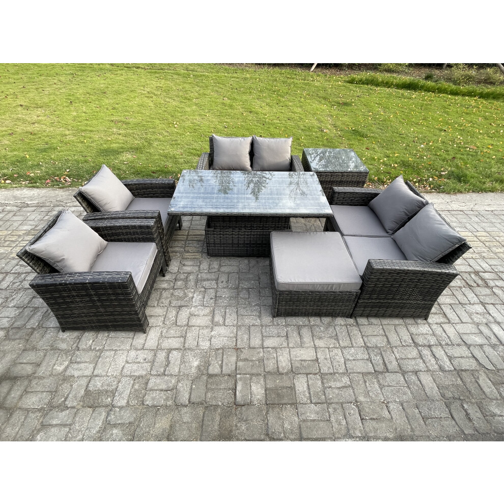 Fimous Dark/Grey 7-Seater Rattan Garden Furniture Set - Mixed Patio Rising Lifting Table Sofa Set With Double Seat Sofa & Footstool - Image 2