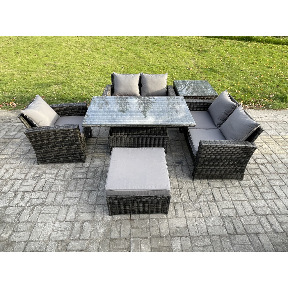 Fimous 6Pcs Rattan Outdoor Garden Furniture Set Height Adjustable Rising Lifting Table Sofa Dining Set With Big Footstool Side Table Dark Grey Mixed