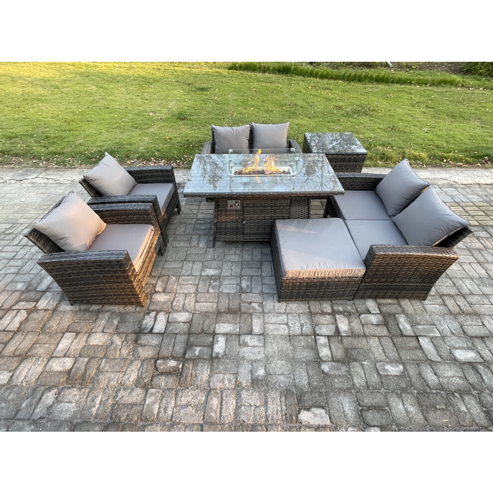 Fimous Wicker Pe Rattan Garden Furniture Sets 7 Seater Patio Outdoor Gas Firepit Dining Table Heater Set With Double Seat Sofa Dark Grey Mixed
