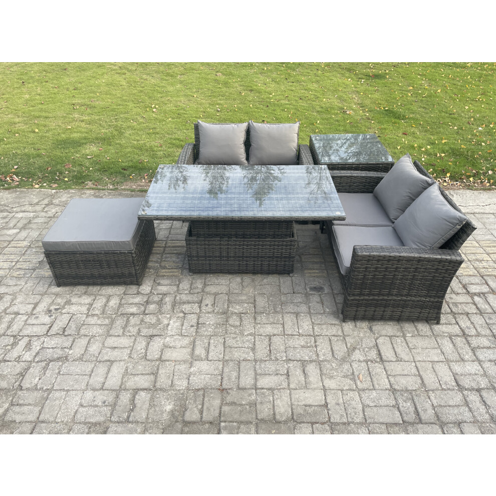 Rackhams 5 Pieces Garden Furniture Sets Poly Rattan Outdoor Patio Height Adjustable Rising Lifting Table Sofa Dining Set With Side Table Big Footstool - Image 2