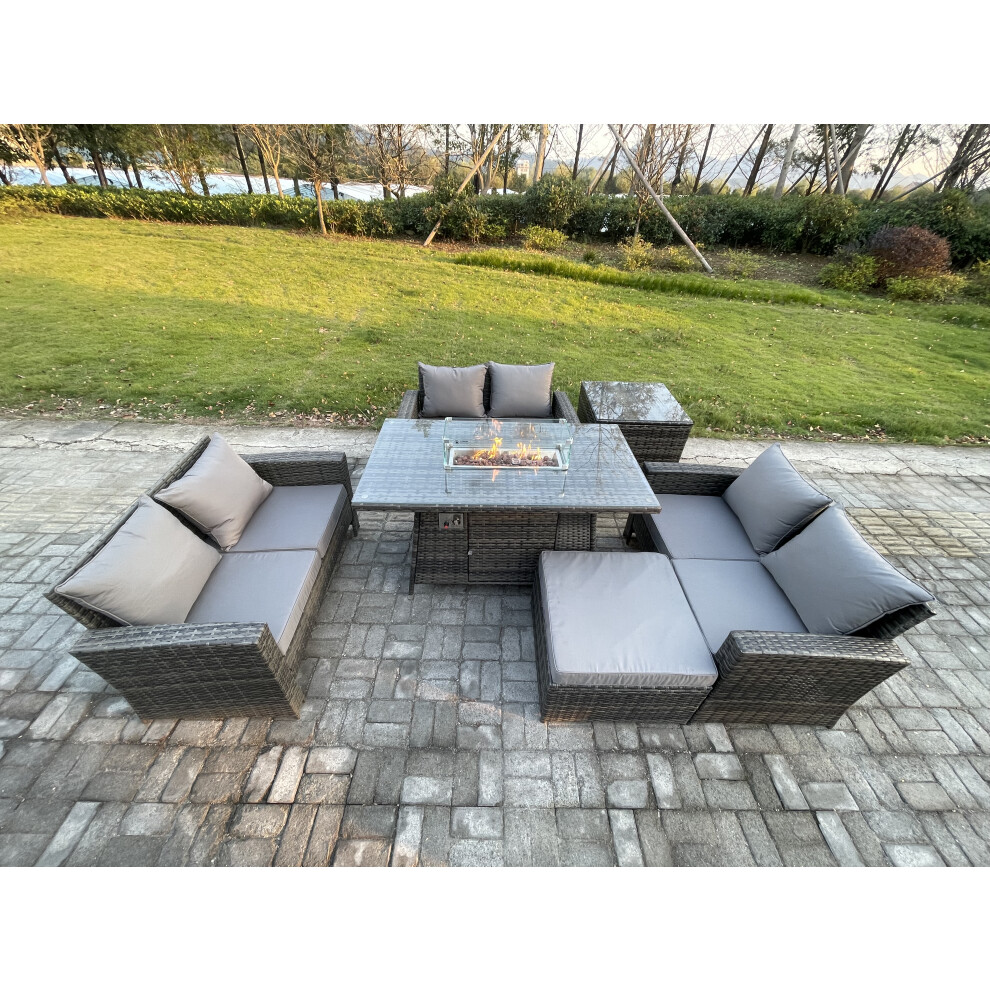 Fimous Outdoor Garden Dining Sets 7 Seater Rattan Patio Furniture Sofa Set with Gas Firepit Table Double Seat Sofa Big Footstool Side Table-image-OPC-PDPDZN9-NEW