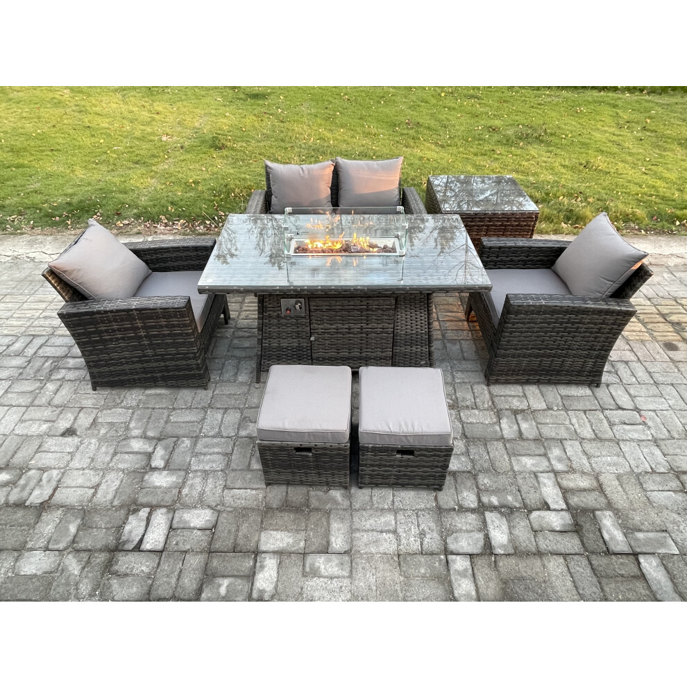 Fimous Dark/Grey 6 Seater?Outdoor Rattan Sofa Set Garden Furniture Gas Fire Pit Dining Table Heater With Side Table 2 Small Footstool Mixed - Image 2