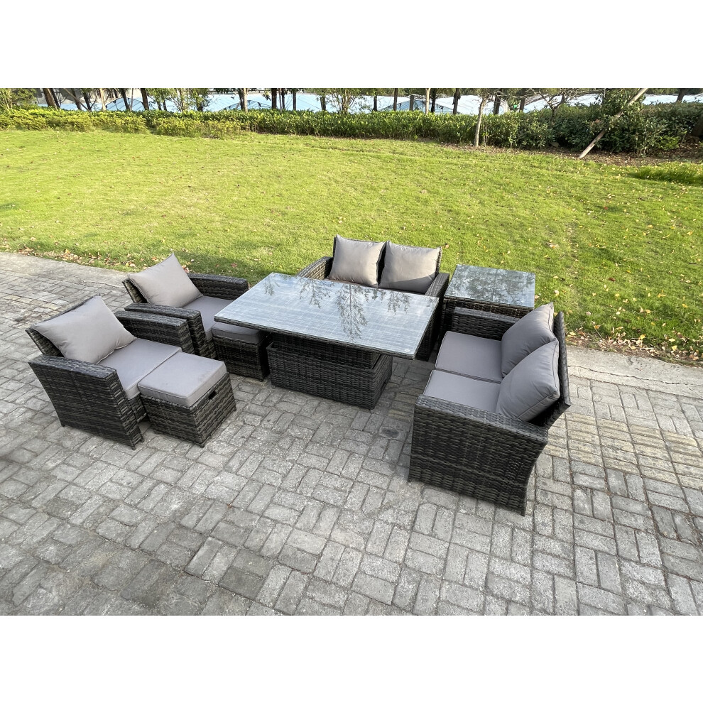 Rackhams Dark/Grey 8 Seater Mixed Rattan Outdoor Sofa Set - Rising Lifting Table, Double Seat Sofa & 2 Small Footstools - Image 2