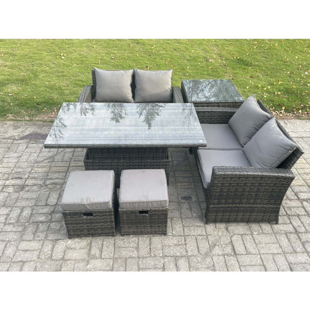 Fimous 6 Pieces Garden Furniture Sets Poly Rattan Outdoor Patio Height Adjustable Rising Lifting Table Sofa Dining Set With 2 Small Footstools