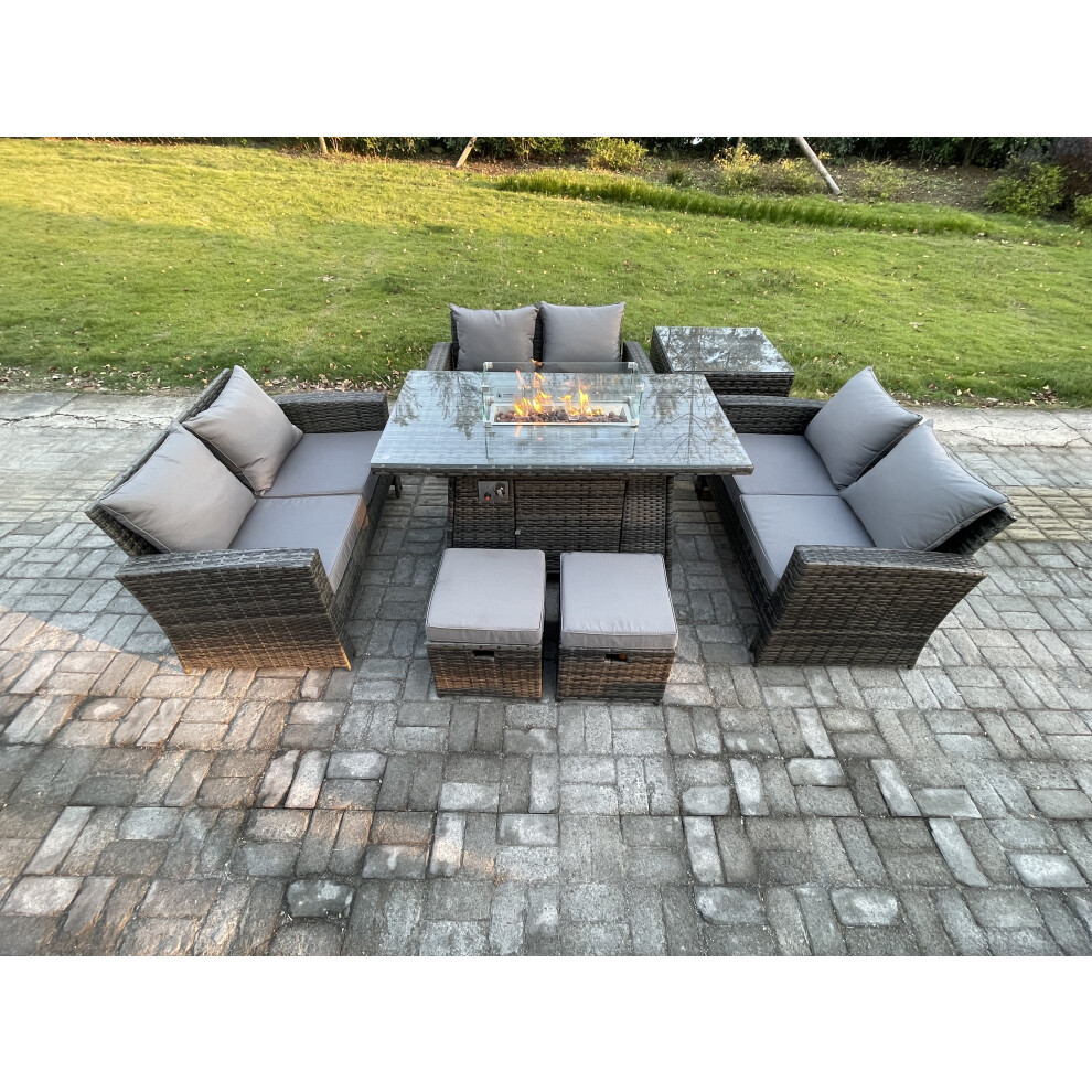 Fimous High Back Rattan Garden Furniture Sofa Sets with Outdoor Furniture Gas Firepit Dining Table Set Side Table 2 Small Footstools Dark Grey Mixed-image-OPC-PDPDZPM-NEW