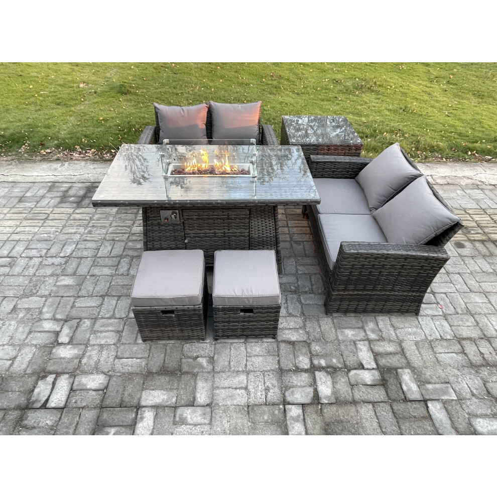 Rackhams 6 Pieces Garden Furniture Sets Poly Rattan Outdoor Patio Gas Fire Pit Dining Table Sofa Set With Side Table 2 Small Footstools - Image 2