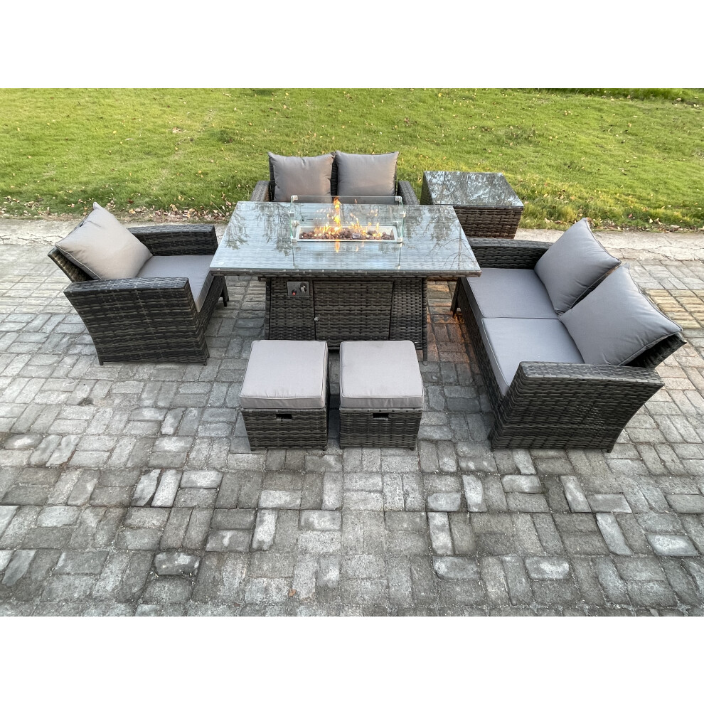 Fimous Rattan Outdoor Garden Furniture Gas Fire Pit Table Sets Gas Heater With Love Sofa Armchair Side Table 2 Small Footstools 7 Mixed Grey