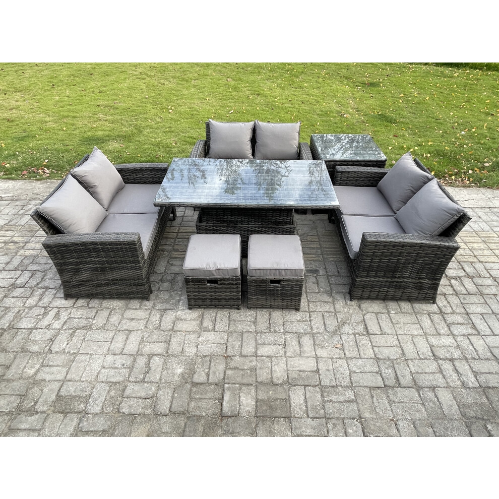 Rackhams Dark/Grey 7 Pieces Outdoor Lounge Sofa Set, Wicker Pe Rattan, Rising Table, Double Seat Sofa, Side Table And 2 Small Footstools, Mixed - Image 2