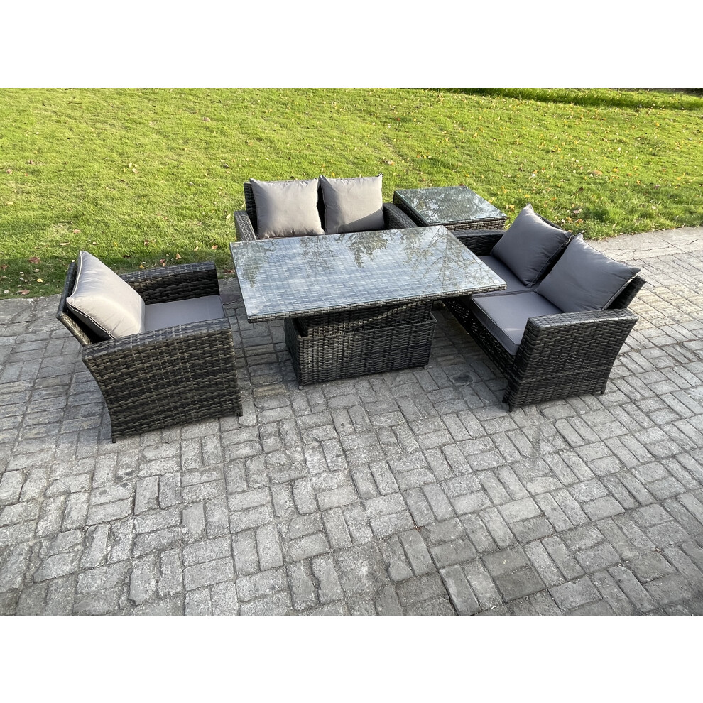 Fimous 5Pcs Rattan Outdoor Garden Furniture Set Height Adjustable Rising Lifting Table Sofa Dining Set With Side Table Dark Grey Mixed