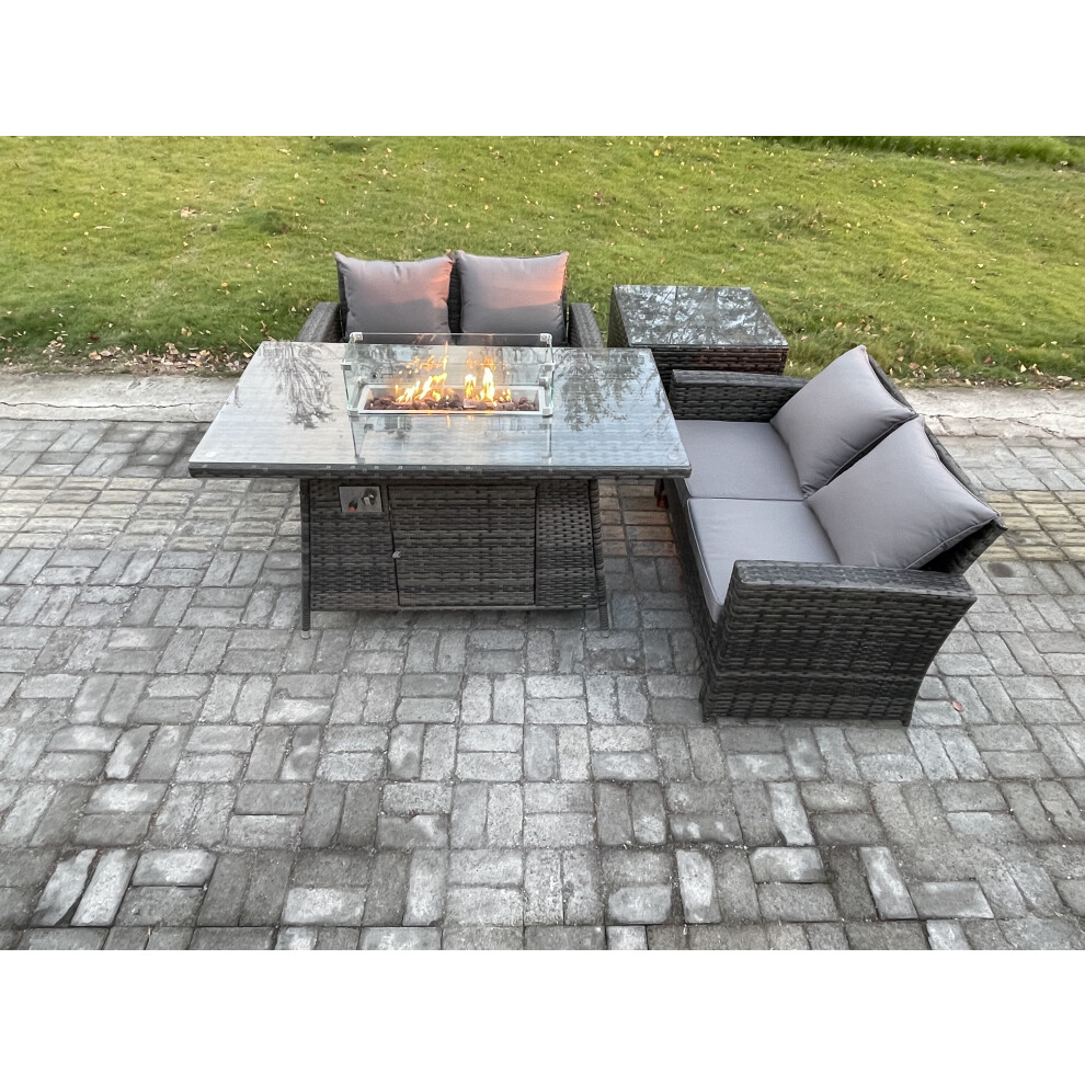 Rackhams Dark/Grey 4 Pieces Garden Furniture Sets Poly Rattan Outdoor Patio Gas Fire Pit Dining Table Sofa Set For Garden Backyard Mixed - Image 2