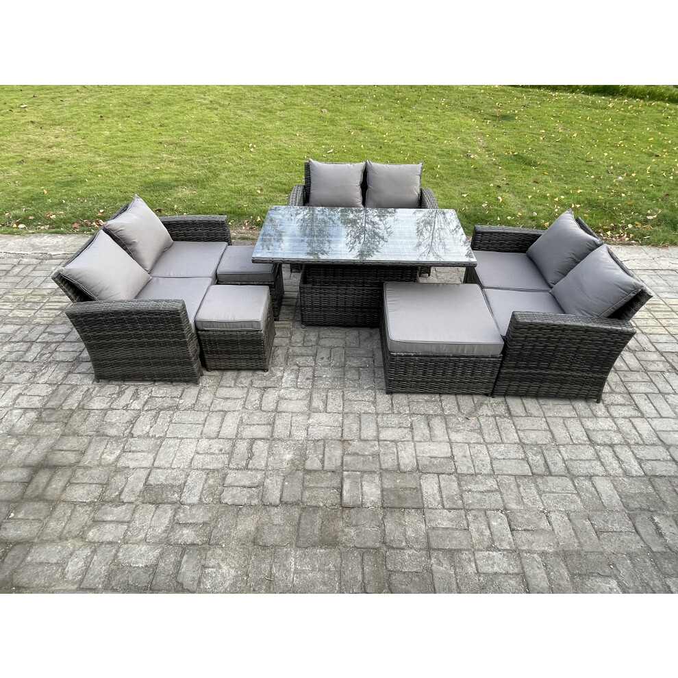 Fimous Wicker Pe Rattan Garden Furniture Set Height Adjustable Rising Lifting Table Sofa Dining Set With Double Seat Sofa 3 Footstools