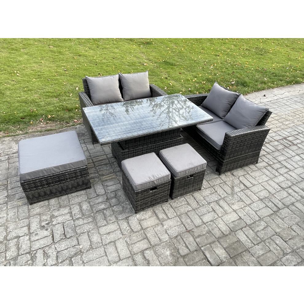 Fimous Unisex Dark Grey Seater Wicker Rattan Garden Furniture Rising Table Set With 3 Footstool Double Seat Sofa Mixed Size 7 - Image 2