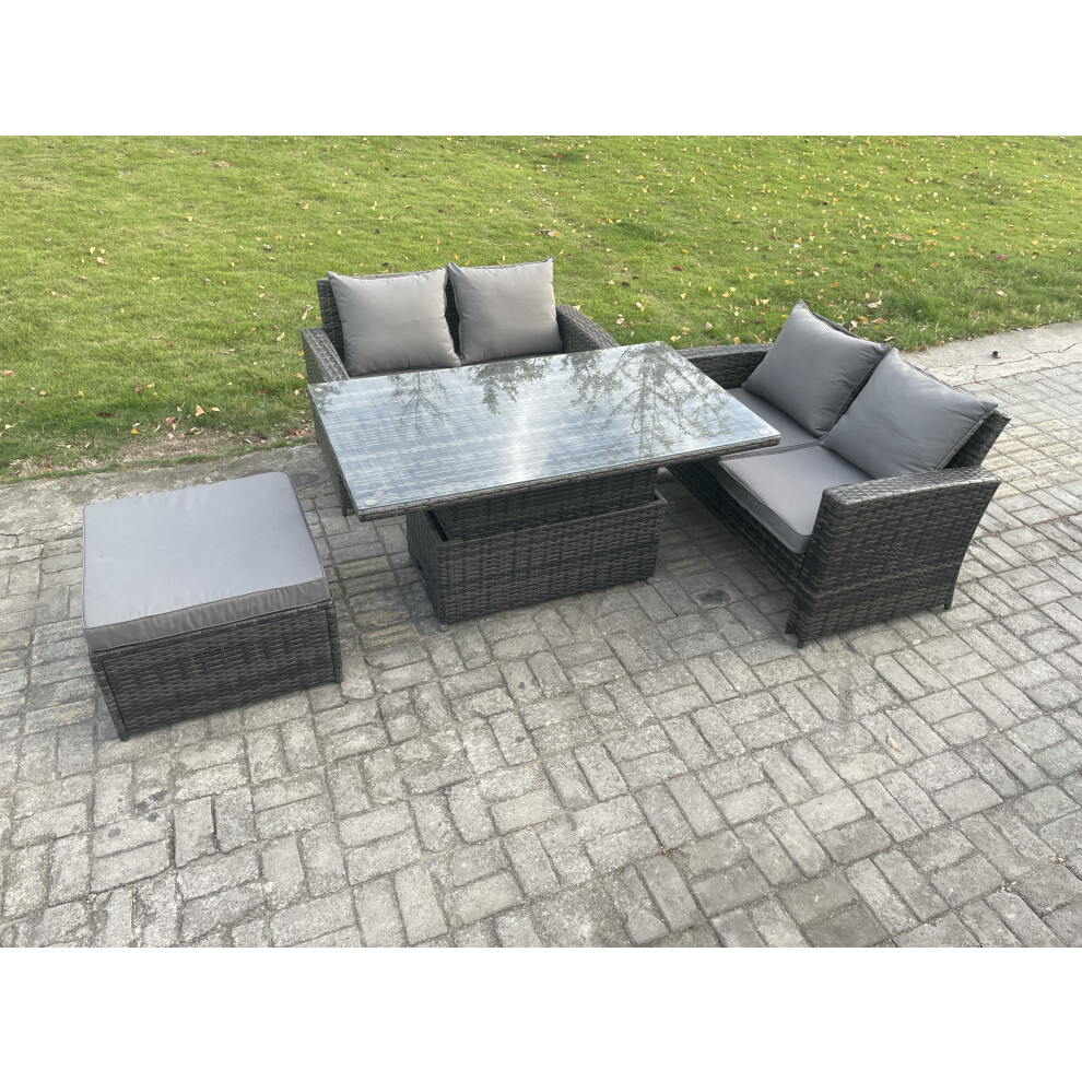 Fimous 4 Pieces Garden Furniture Sets Poly Rattan Outdoor Patio Height Adjustable Rising Lifting Table Sofa Dining Set With Big Footstool