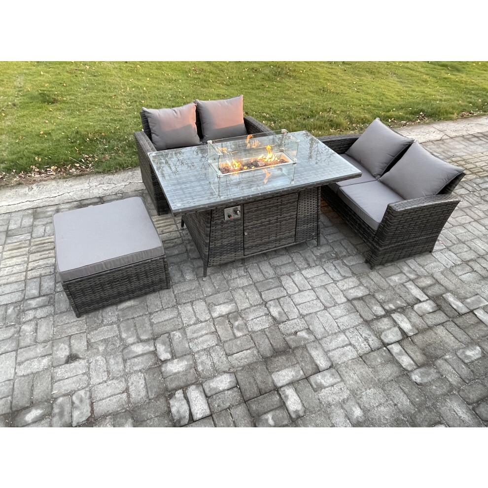 Fimous 4 Pieces Garden Furniture Sets Poly Rattan Outdoor Patio Gas Firepit Dining Table Sofa Set with Big Footstool-image-OPC-PDPDZRG-NEW