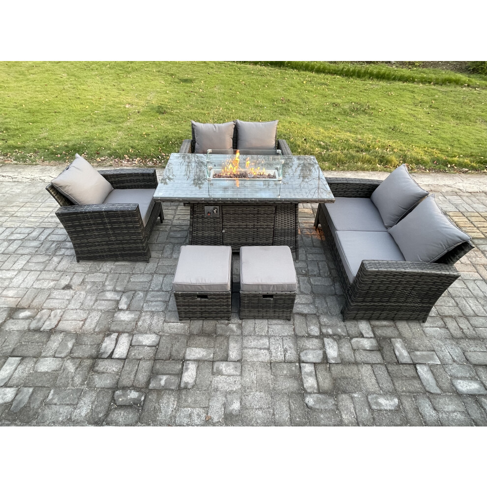 Fimous 7 Seater Rattan Outdoor Garden Furniture Gas Fire Pit Table Sets Gas Heater with Love Sofa Armchair 2 Small Footstools Dark Mixed Grey