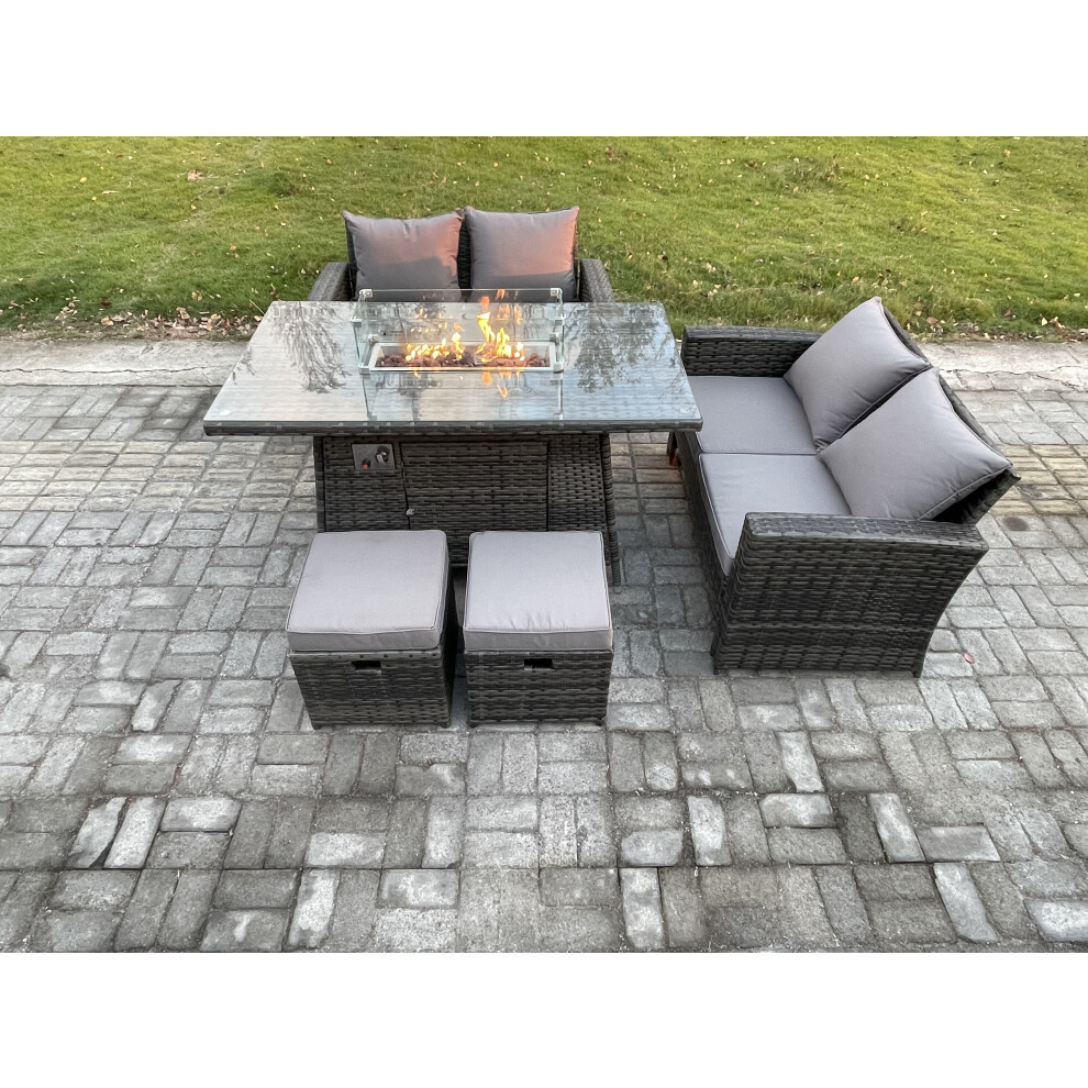 Fimous Dark/Grey 5 Pieces Garden Furniture Sets Poly Rattan Outdoor Patio Gas Fire Pit Dining Table Sofa Set With 2 Small Footstools - Image 2