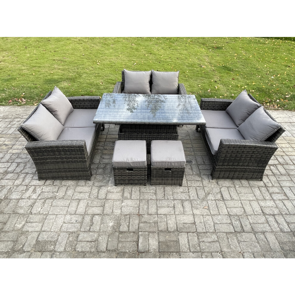 Rackhams Dark/Grey Wicker Pe Rattan Garden Furniture Set - Mixed Height Adjustable Rising Lifting Table Sofa Dining Set - Image 2