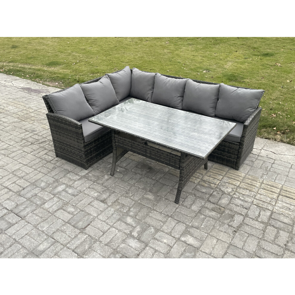 Fimous Unisex Dark Grey Outdoor Rattan Garden Furniture Corner Sofa Set With Rectangular Dining Table Patio Wicker Rattan Set In Size 6 - Image 2