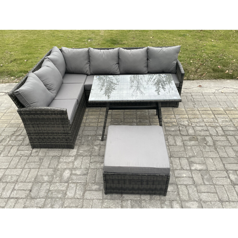 Fimous Rattan Garden Furniture Corner Sofa Set With Oblong Dining Table Big Footstool Outdoor Wicker Rattan Set Dark Mixed Grey