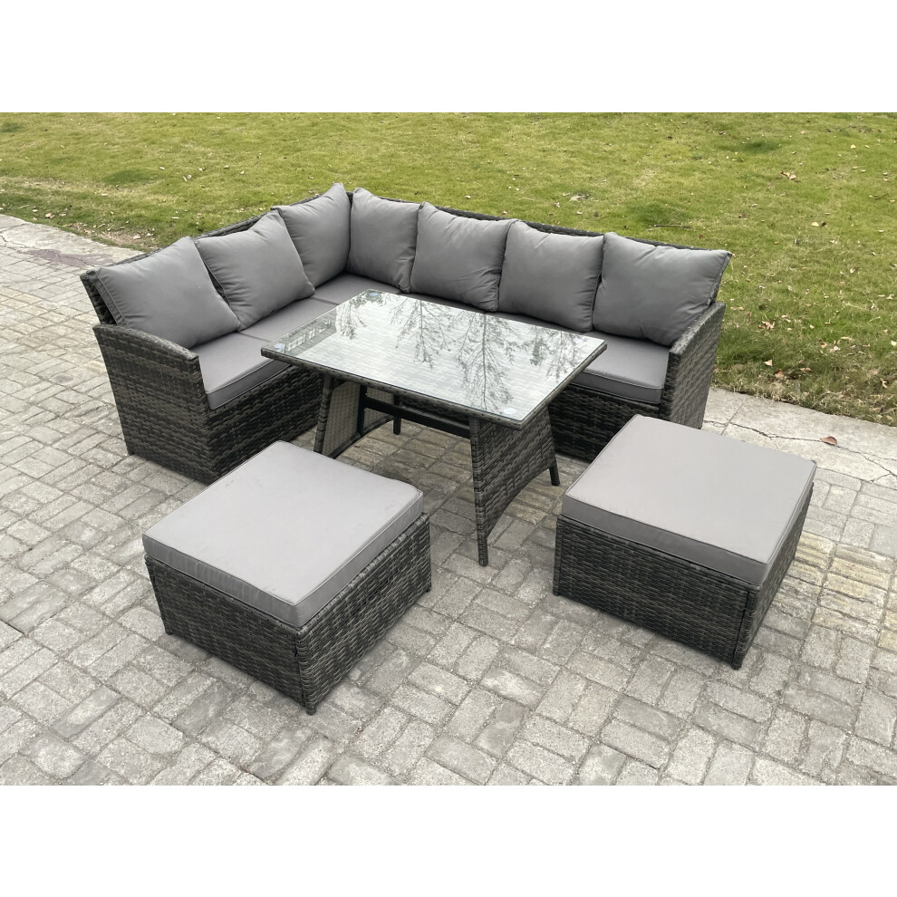 Fimous Unisex Dark Grey Rattan Garden Furniture Corner Sofa Set With Oblong Dining Table Big Footstool Outdoor Wicker Rattan Set In Size 2 - Image 2