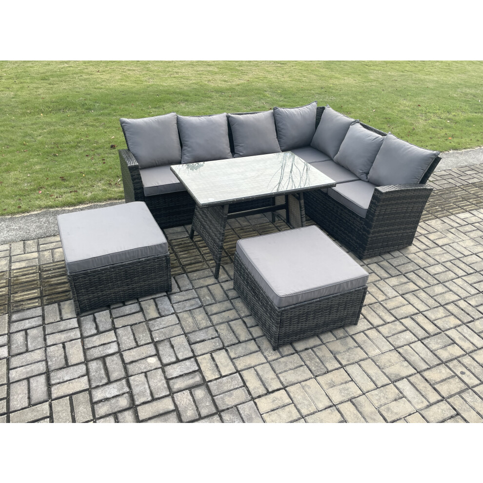 Fimous Outdoor Furniture Garden Dining Set Rattan Corner Sofa Set Rectangular Dining Table With Temper Glass 2 Big Footstool Dark Mixed Grey