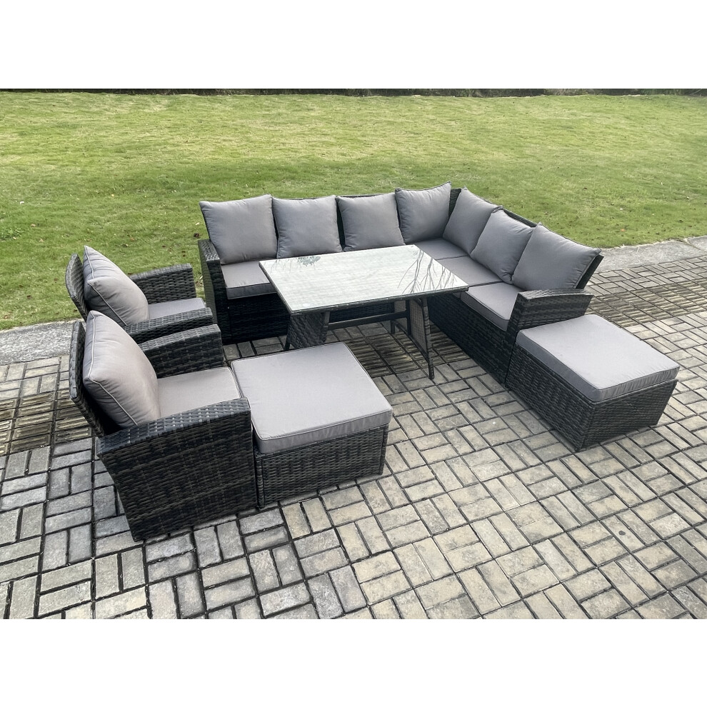 Rackhams Dark/Grey High Back Outdoor Garden Furniture Set Rattan Corner Sofa Dining Table Set With 2 Armchairs 2 Big Footstool 10 Seater Mixed - Image 2
