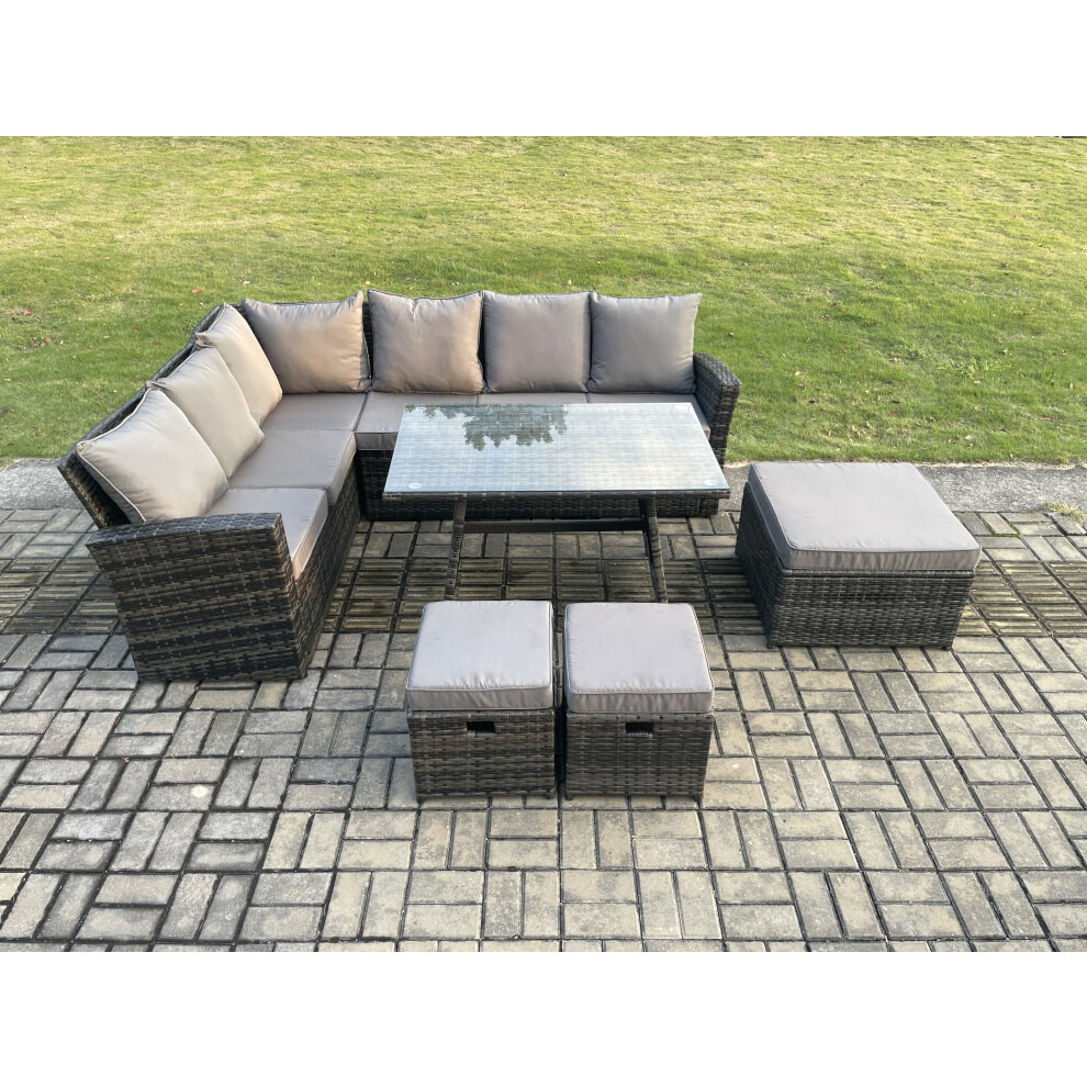 Fimous Outdoor Furniture Garden Dining Set Rattan Corner Sofa Set With Rectangular Dining Table 3 Footstools Dark Mixed Grey