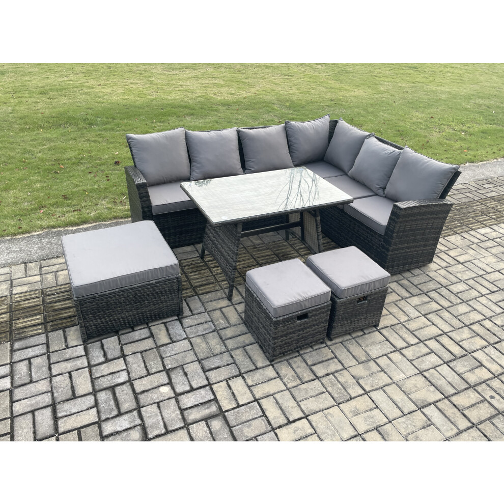 Fimous Outdoor Furniture Garden Dining Set Rattan Corner Sofa Set Rectangular Dining Table With Temper Glass 3 Footstools Dark Mixed Grey