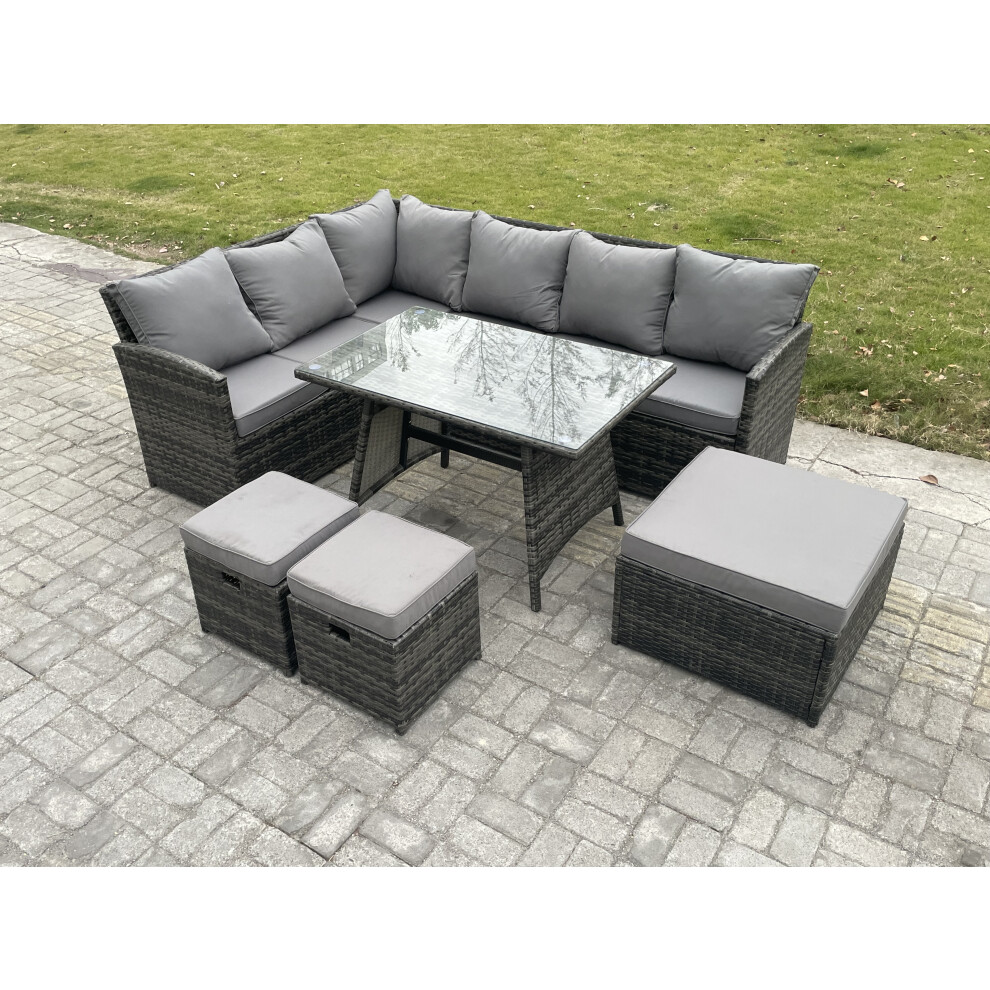 Fimous Wicker Rattan Garden Furniture Corner Sofa Set with Oblong Dining Table 3 Footstools 9 Seater Outdoor Rattan Set Dark Grey Mixed
