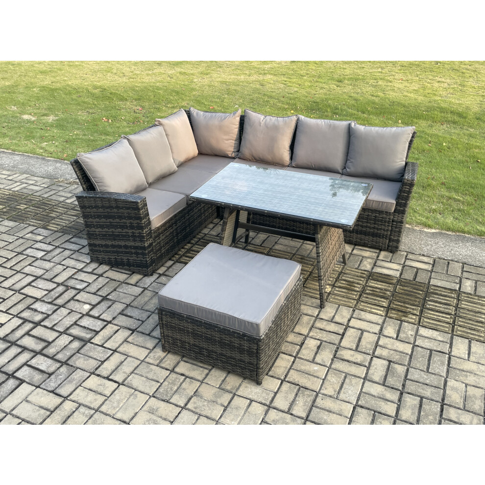 Fimous Outdoor Furniture Garden Dining Set Rattan Corner Sofa Set With Rectangular Dining Table Big Footstool Dark Mixed Grey