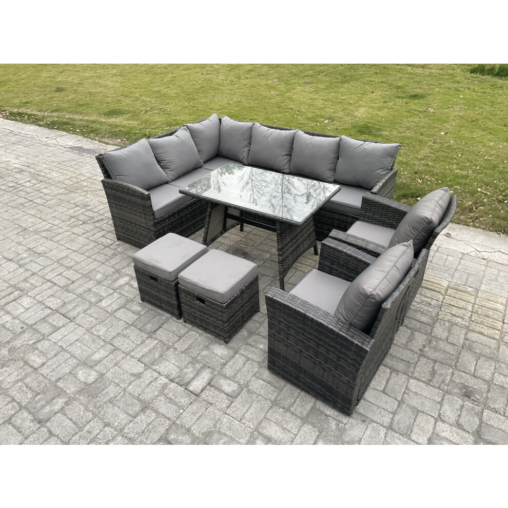 Fimous Unisex Dark Grey Rattan Garden Furniture Corner Sofa Set With Oblong Dining Table 2 Footstools 2 Armchairs In Small - Image 2