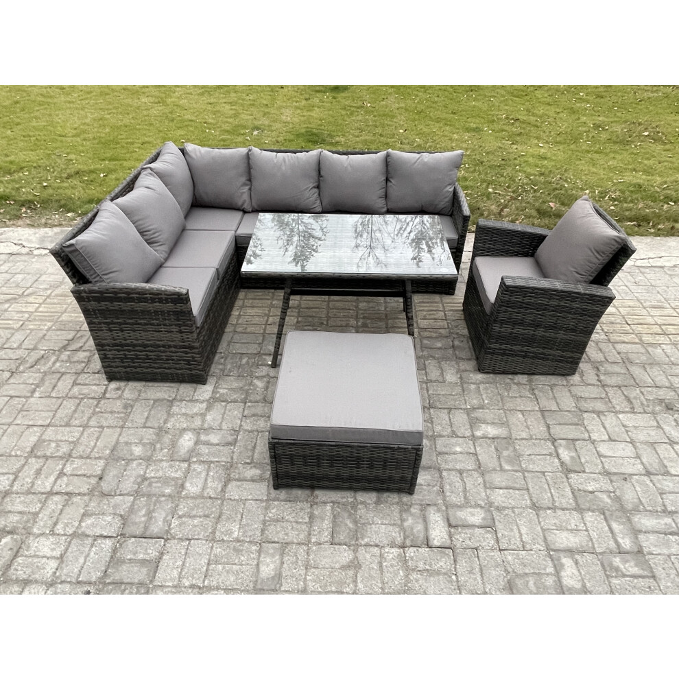 Fimous Rattan Garden Furniture Corner Sofa Set With Oblong Dining Table Big Footstool Armchair Outdoor Wicker Rattan Set Dark Grey Mixed