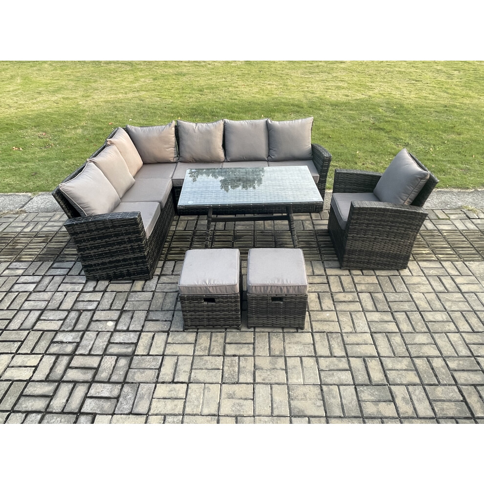 Fimous 9 Seater Outdoor Furniture Garden Dining Set Rattan Corner Sofa Set with 2 Small Footstools Dark Grey Mixed