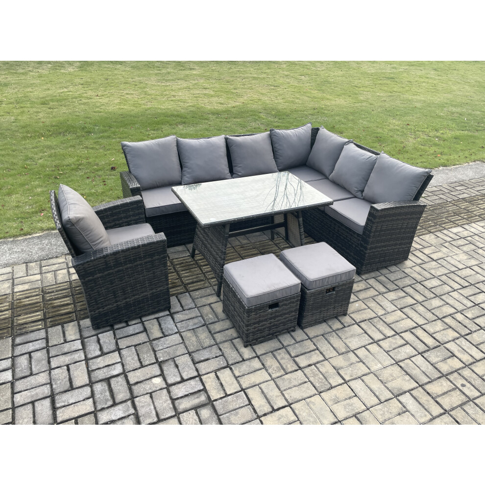 Fimous Outdoor Furniture Garden Dining Set Rattan Corner Sofa Chair Set Rectangular Dining Table with Temper Glass Footstools Dark Grey Mixed
