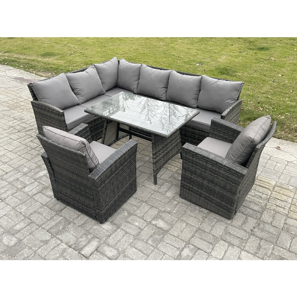 Fimous Wicker Rattan Garden Furniture Corner Sofa Set With Oblong Dining Table 2 Armchairs 8 Seater Outdoor Rattan Set Dark Grey Mixed