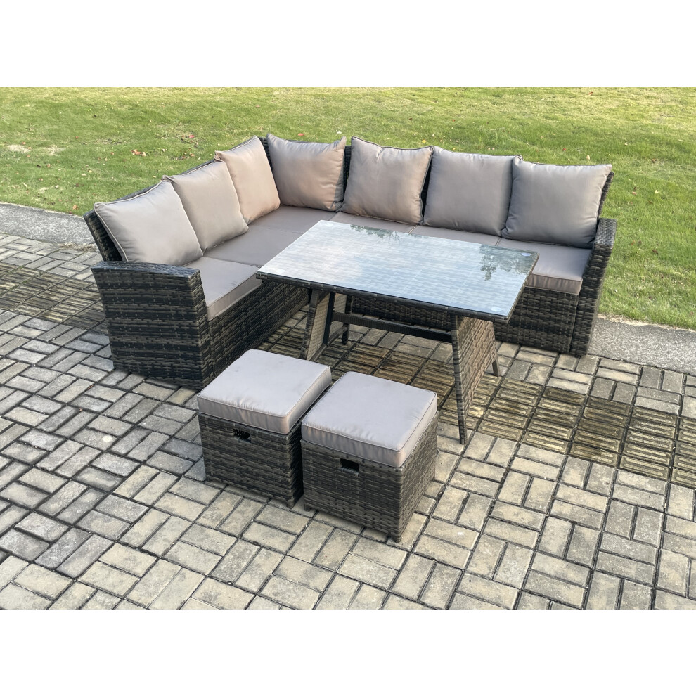 Fimous Outdoor Furniture Garden Dining Set Rattan Corner Sofa Set With 2 Small Footstools Dark Mixed Grey