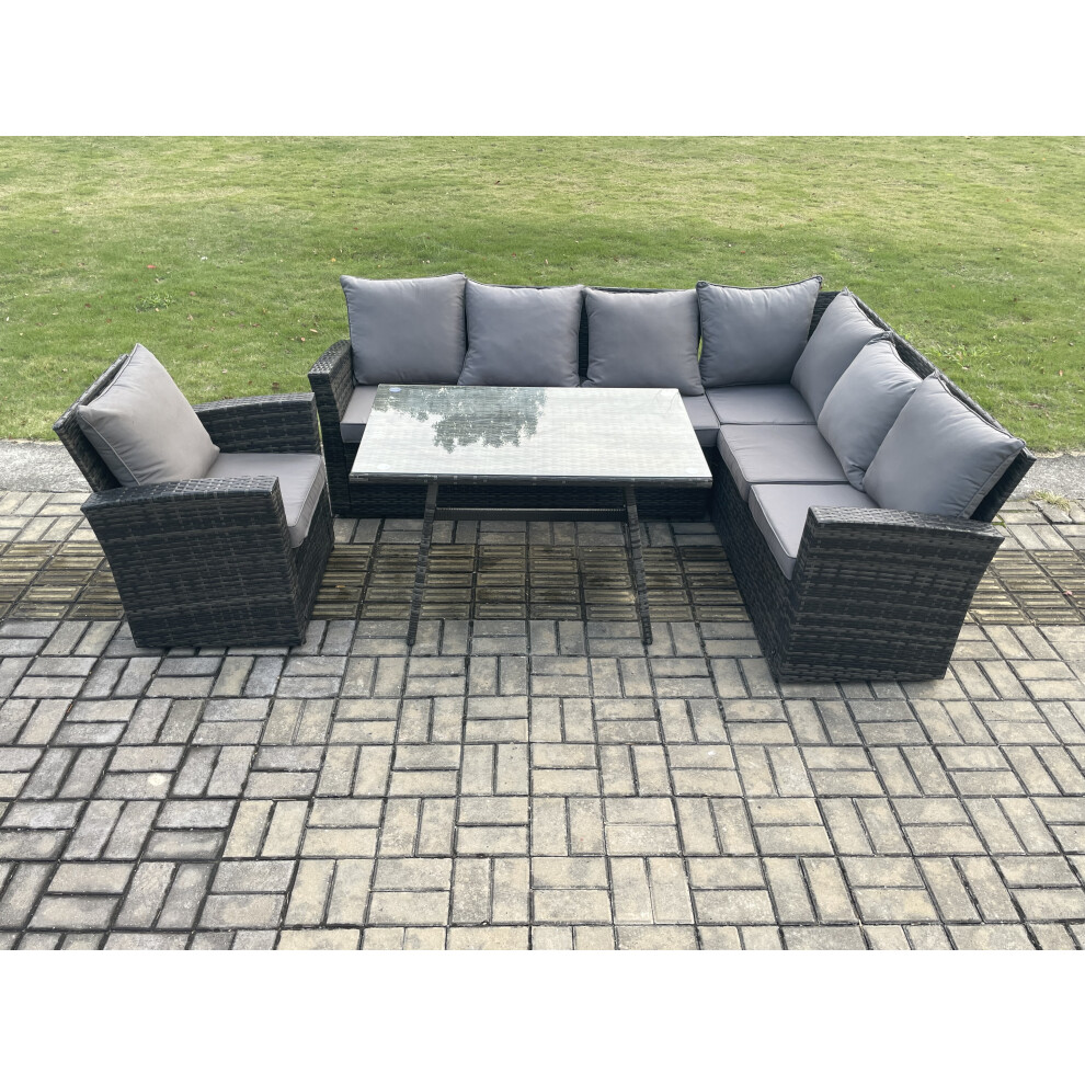 Fimous Outdoor Furniture Garden Dining Set Rattan Corner Sofa Chair Set Rectangular Dining Table With Temper Glass Dark Mixed Grey