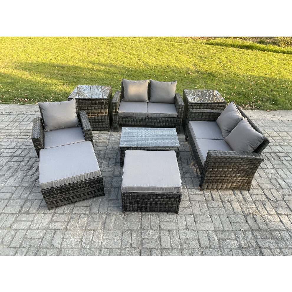 Fimous Unisex Dark Grey Rattan Garden Furniture Set Seater Patio Outdoor Lounge Sofa Chair Set With Rectangular Coffee Table 2 Big Footstool 2 Side Tables Size 7 - Image 2