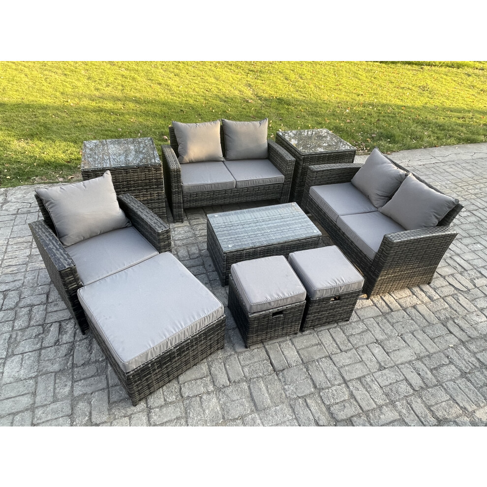 Rackhams Dark/Grey 8 Seater Mixed Rattan Outdoor Lounge Set - Rectangular Coffee Table, 3 Footstools & 2 Side Tables - Image 2