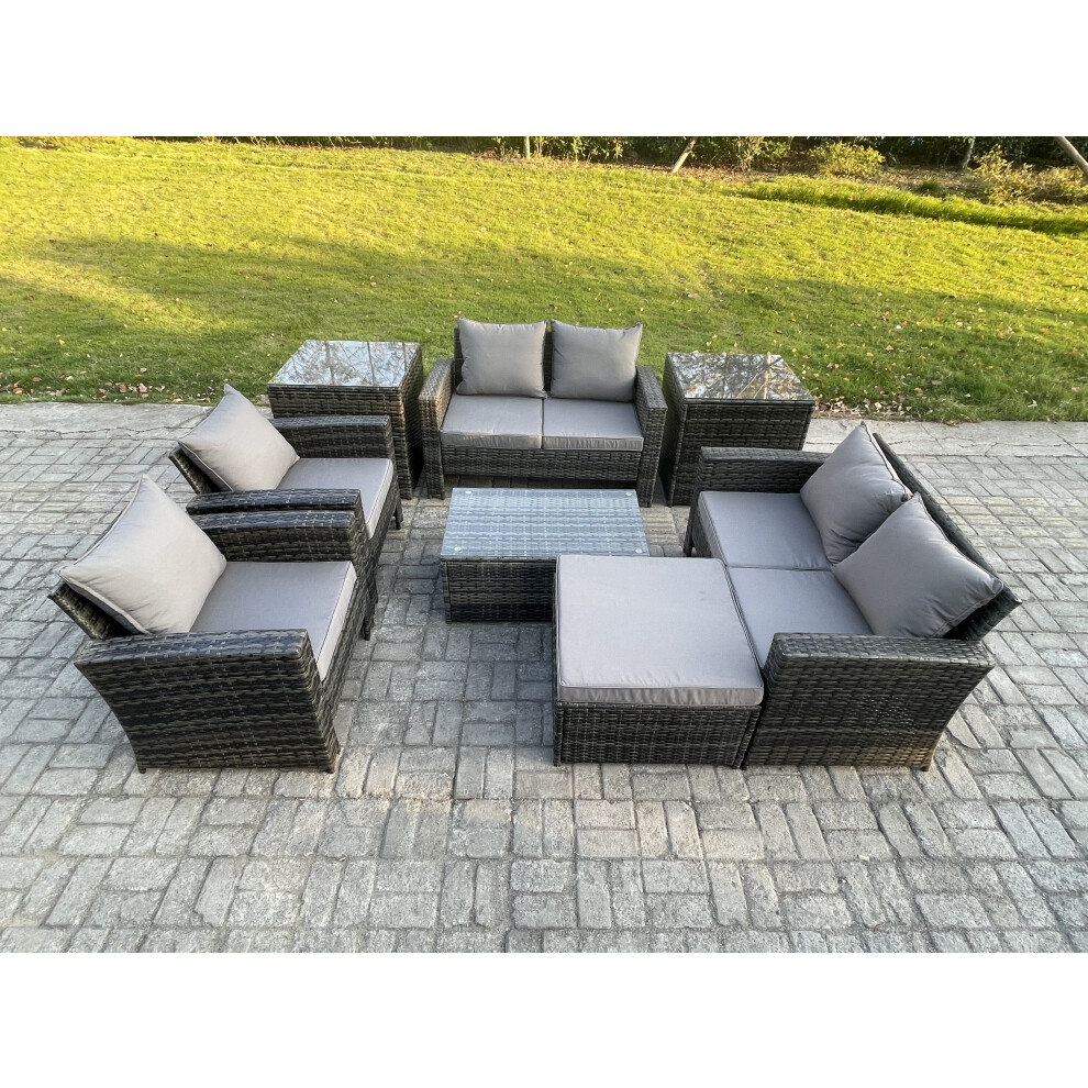 Fimous Garden Furniture Sets 8 Pieces Outdoor Rattan Furniture Manual Wicker Patio Sofa Chair Set With Coffee Table 2 Side Tables Dark Grey Mixed