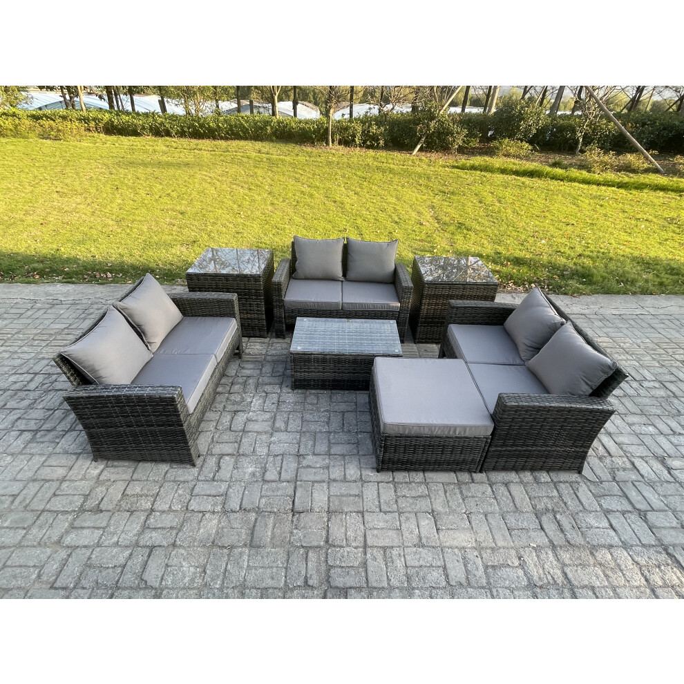 Rackhams Dark/Grey 7Pc Rattan Sofa Garden Furniture Outdoor Patio Set With 2 Side Tables Big Footstool Double Seat Sofa Mixed - Image 2