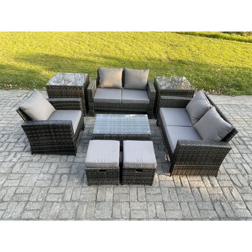 Fimous Dark/Grey 7-Seater Rattan Garden Lounge Set - Mixed Patio Outdoor Sofa & Chair Set With Rectangular Coffee Table & 2 Small Footstools - Image 2