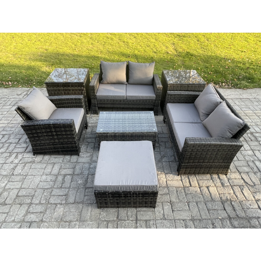 Fimous Rattan Garden Furniture Set 6 Seater Patio Outdoor Lounge Sofa Chair Set with 2 Side Tables Rectangular Coffee Table Big Footstool