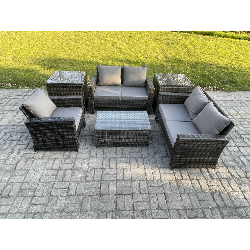 Fimous Unisex Dark Grey Rattan Garden Furniture Set Seater Patio Outdoor Lounge Sofa Chair Set With 2 Side Tables Rectangular Coffee Table Mixed Size 5 - Image 2
