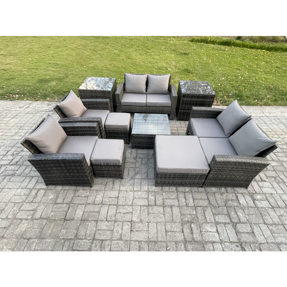 Rackhams Dark/Grey 10 Pieces Wicker Rattan Set, Garden, Manual Patio Sofa Conversation, 3 Footstools And 2 Side Tables, Mixed - Image 2