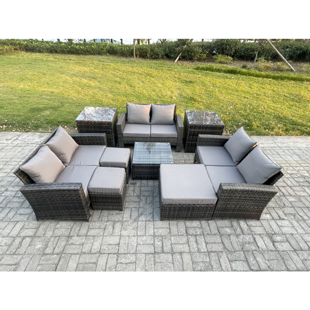Fimous Unisex Dark Grey Outdoor Lounge Sofa Set Wicker Pe Rattan Garden Furniture Set With Square Coffee Table Double Seat Sofa Footstools In Size 3 - Image 2